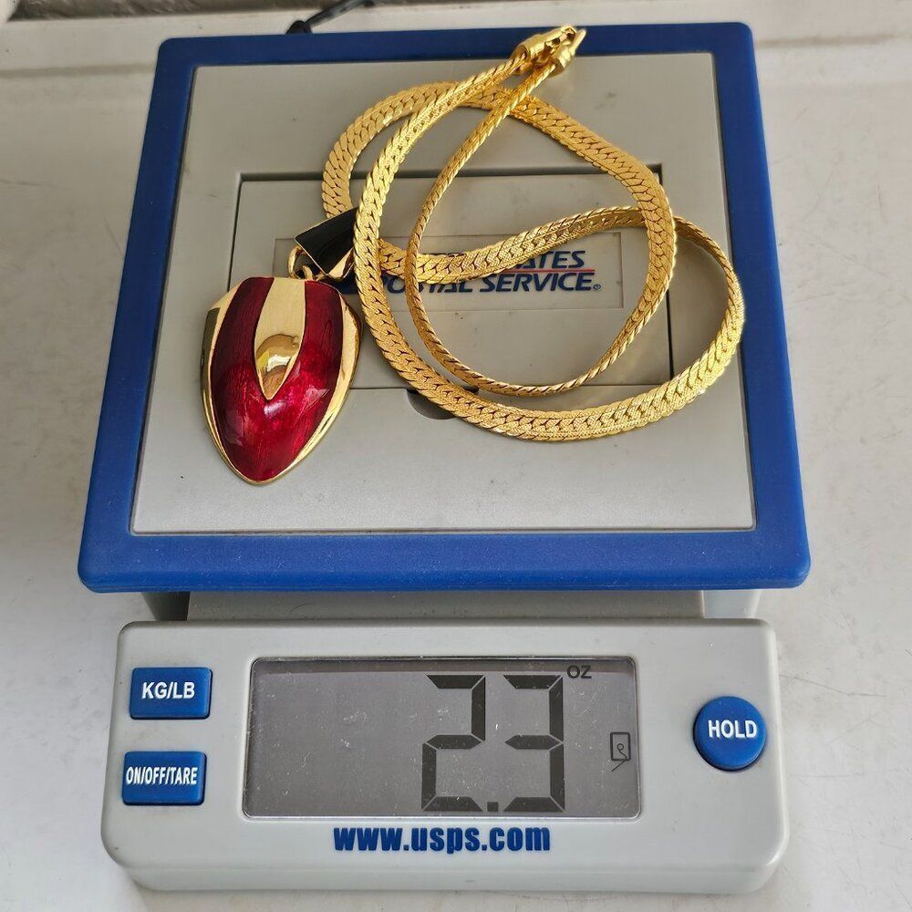 Vintage Black Red Enamel Fixed Pendant Necklace Gold Tone Chain 80s 90s Chunky - Picture 9 of 11
